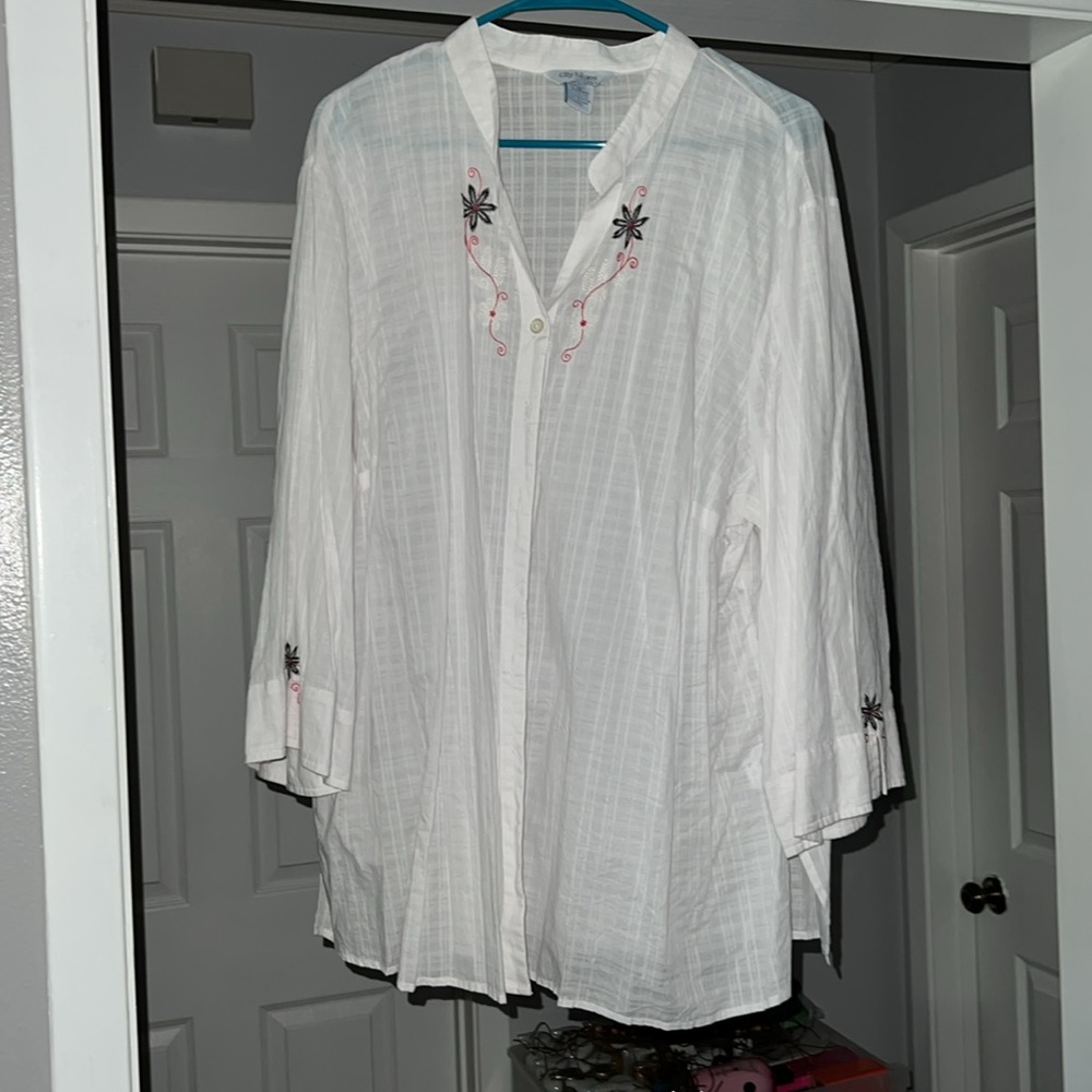 Koret City Blues Blouse Tunic Sz 2X Sheer White, Embroidery Trim, Cottage Core